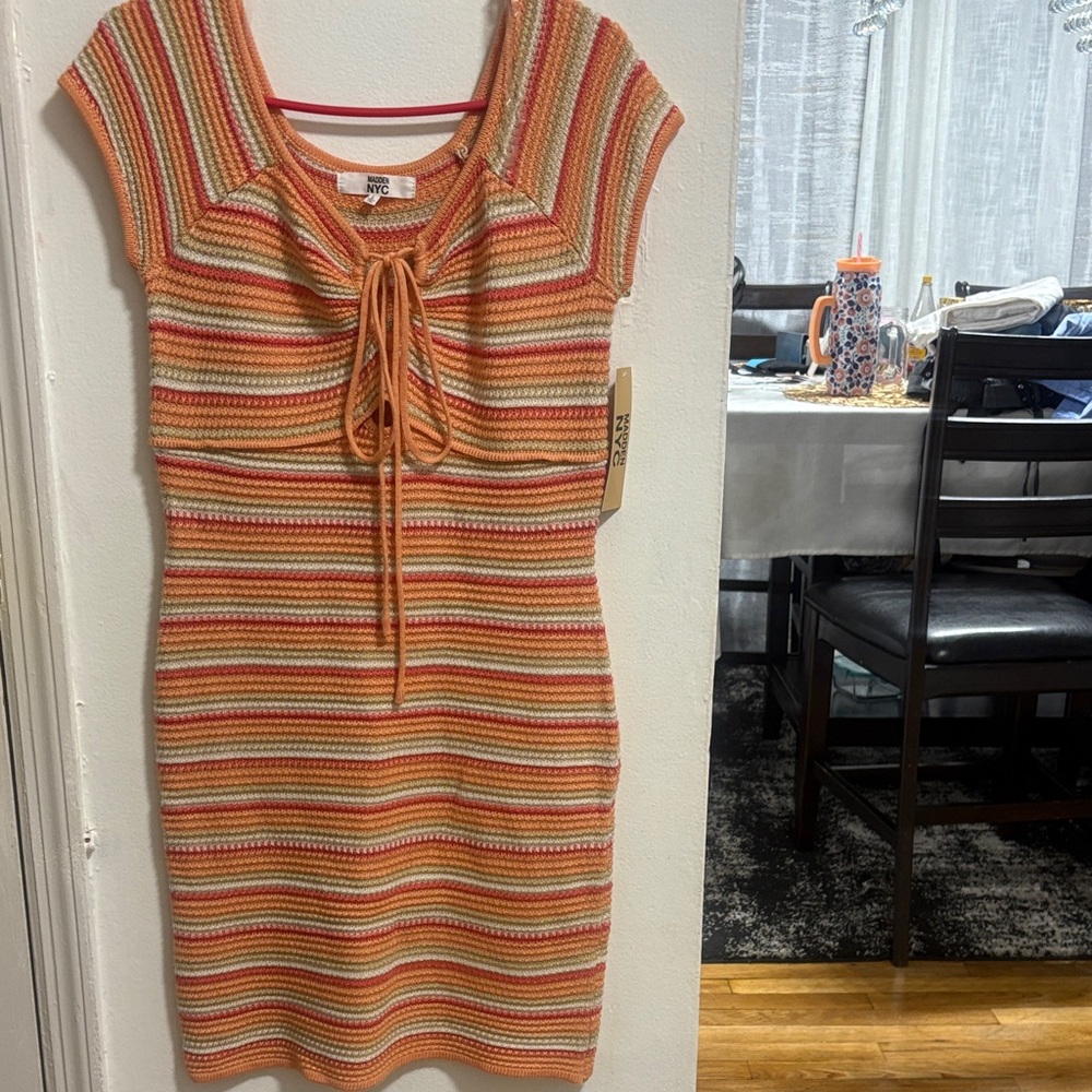Tie-Front Striped Knit Mini Dress in Orange and Cream